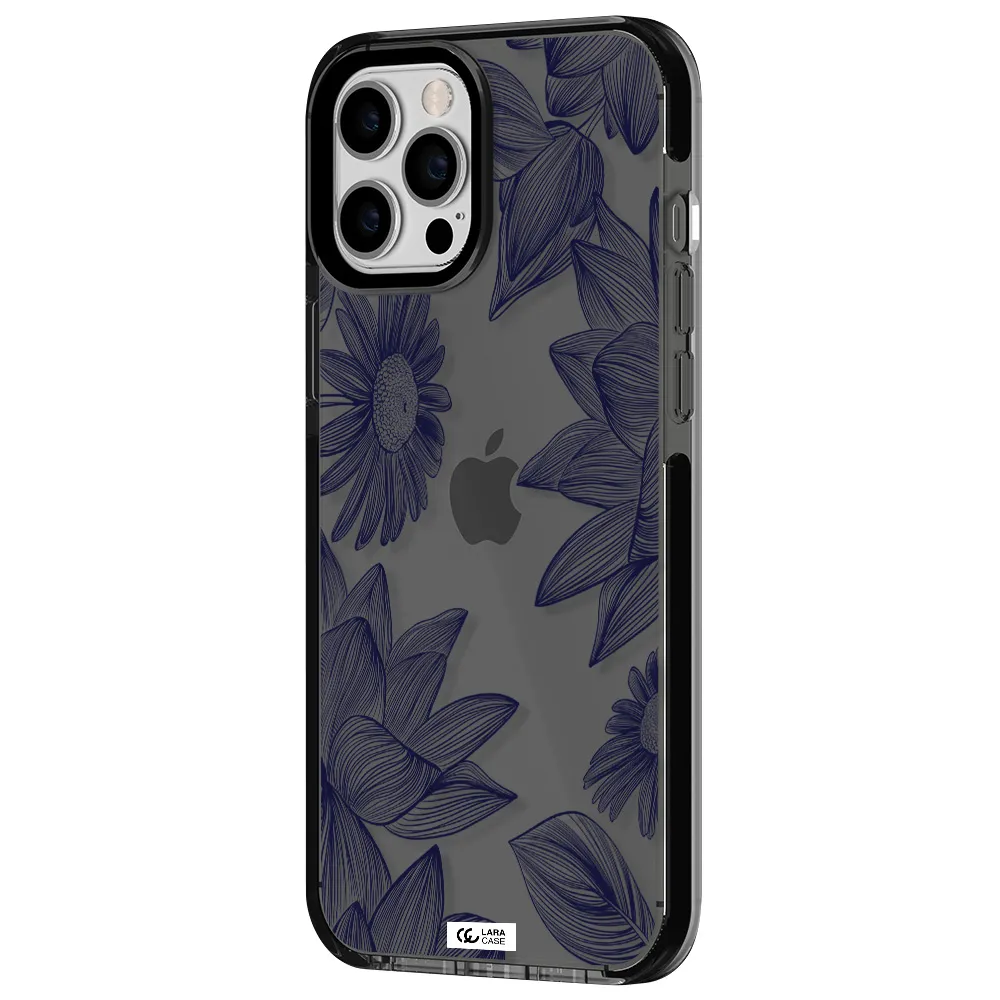 Blue Line Flower Apple iPhone 12 pro max impact Smoke Black Case