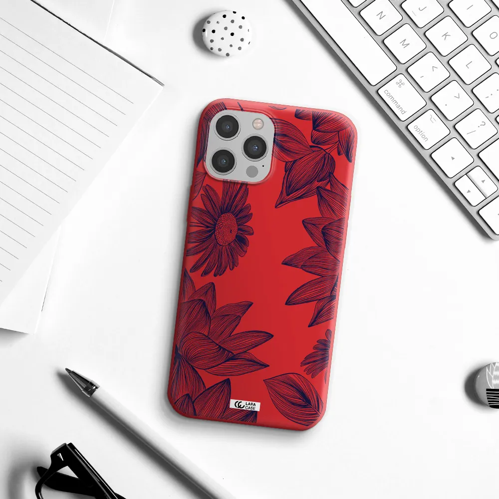 Blue Line Flower Apple iPhone 12 pro max Silicone Imperial Red Case