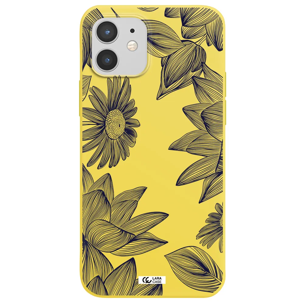Blue Line Flower Apple iPhone 12 Silicone canary yellow Case