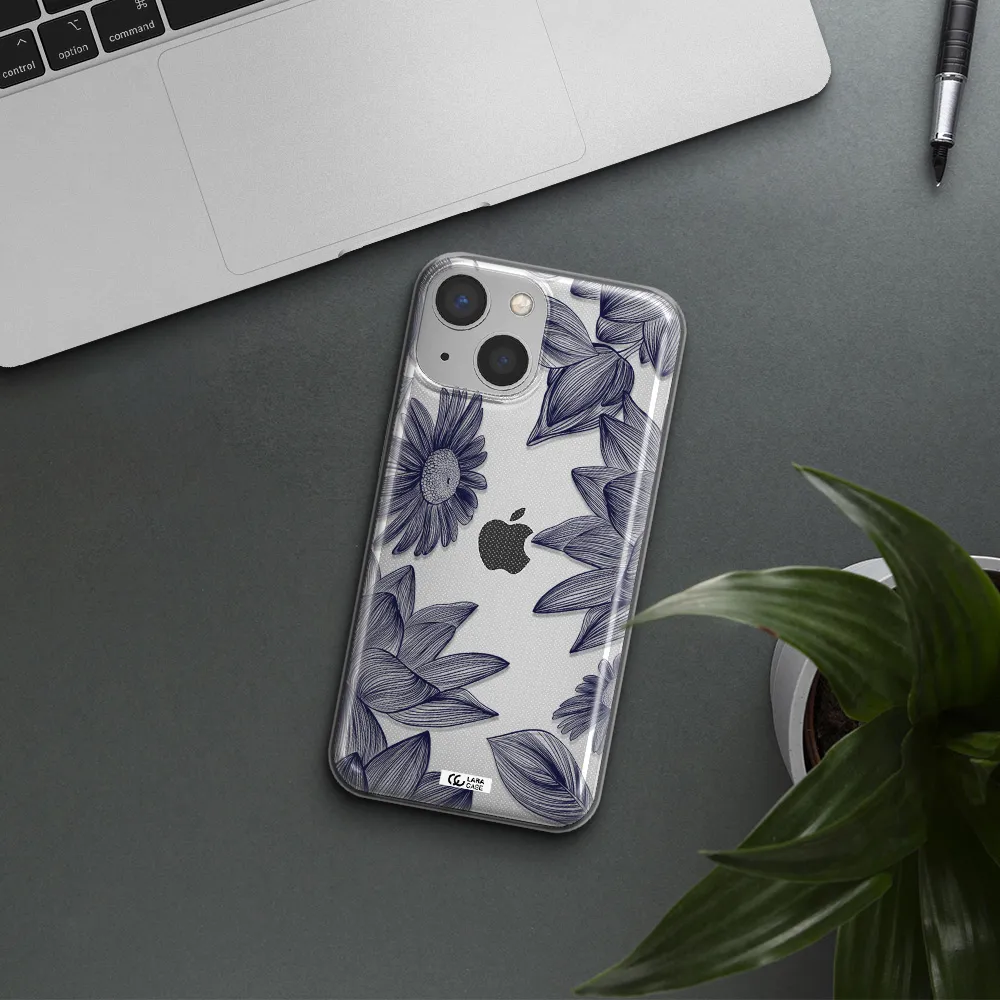 Blue Line Flower Apple iPhone 13 Clear TPU Case