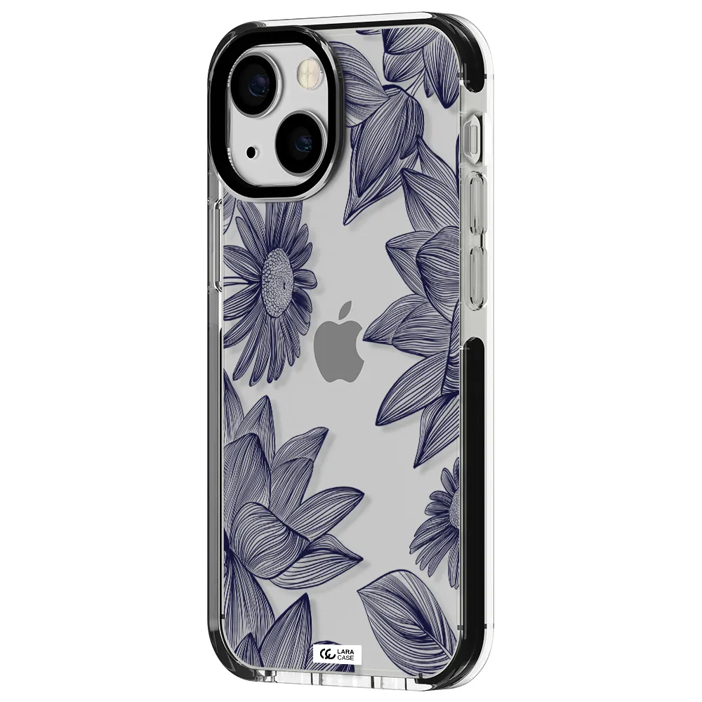 Blue Line Flower Apple iPhone 13 mini impact black border Case