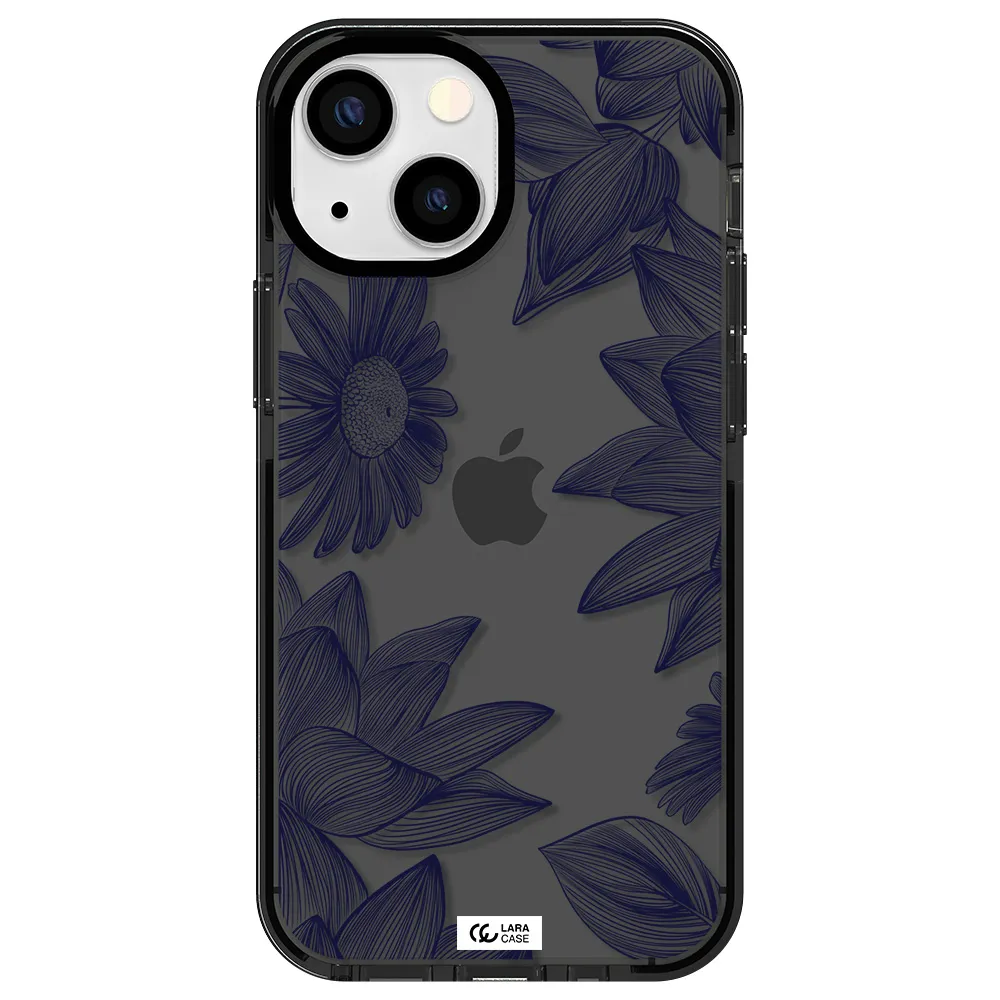 Blue Line Flower Apple iPhone 13 mini impact Smoke Black Case