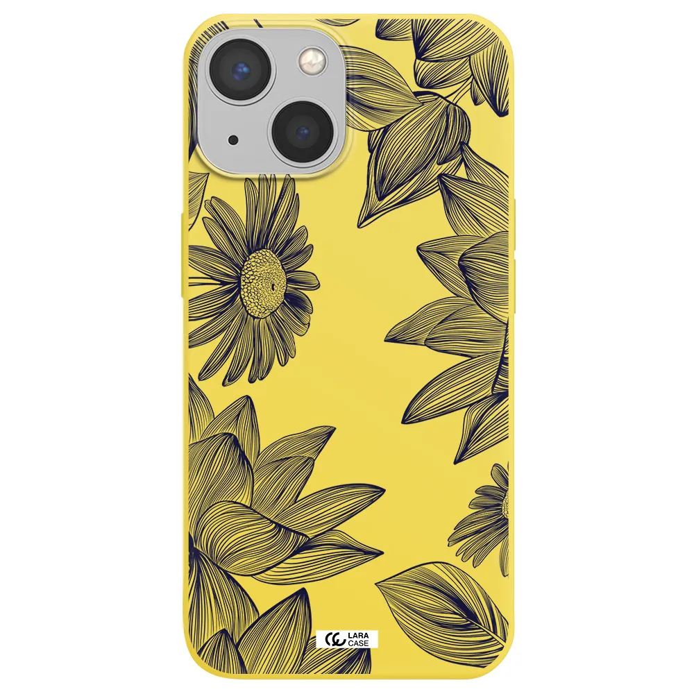 Blue Line Flower Apple iPhone 13 mini Silicone canary yellow Case