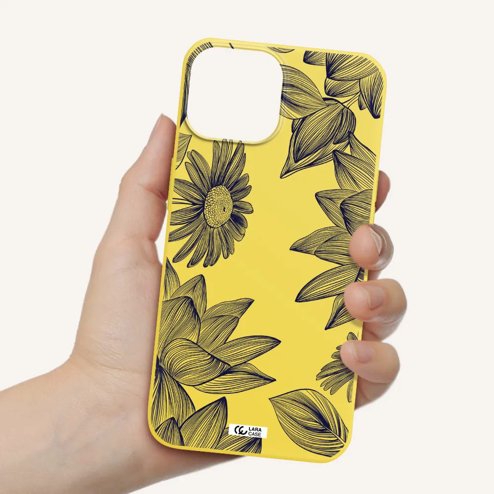 Blue Line Flower Apple iPhone 13 mini Silicone canary yellow Case