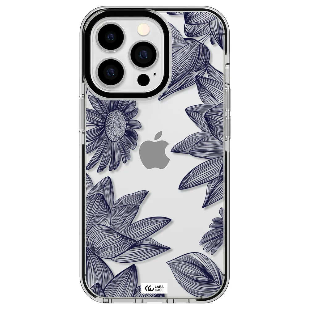 Blue Line Flower Apple iPhone 13 Pro impact black border Case