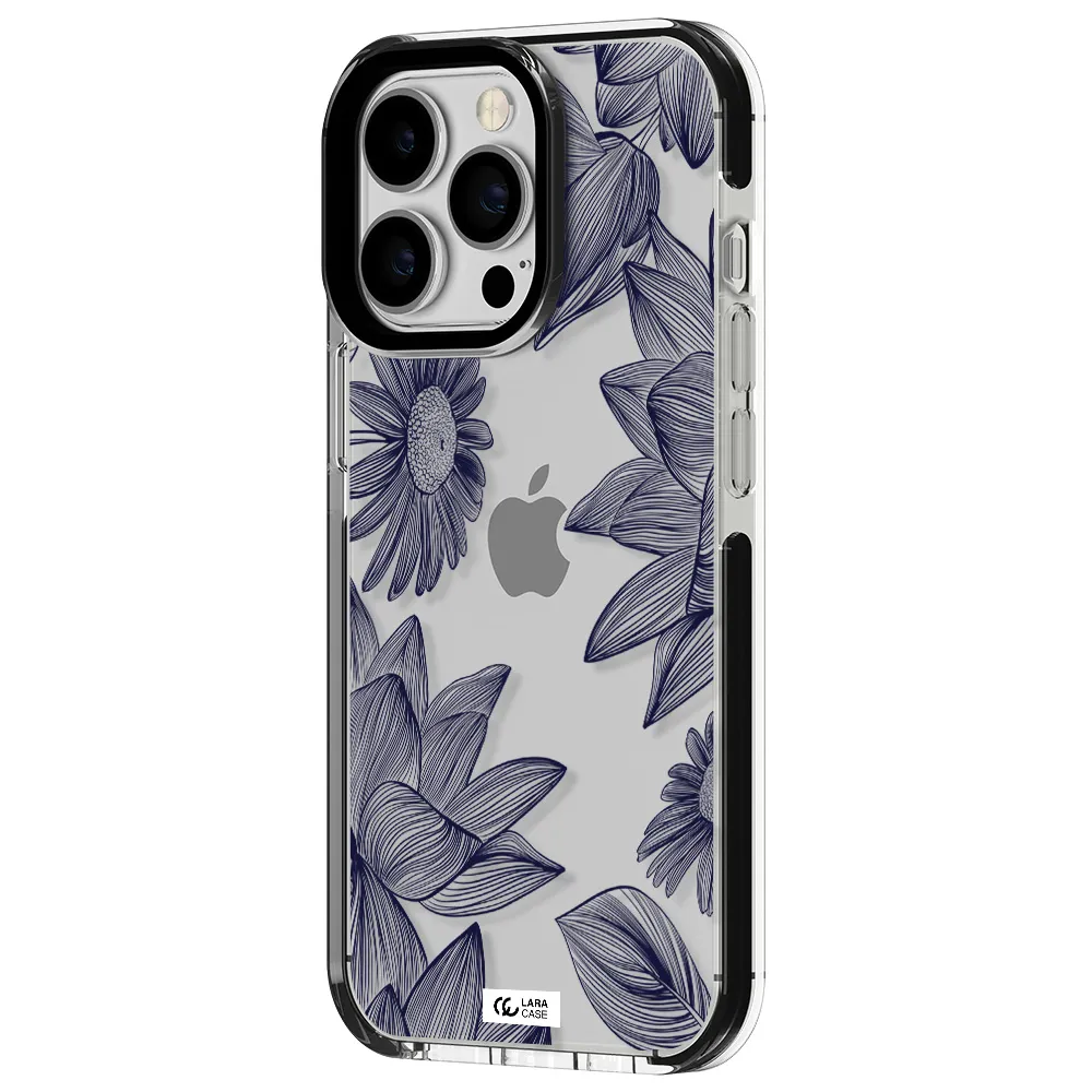 Blue Line Flower Apple iPhone 13 Pro impact black border Case