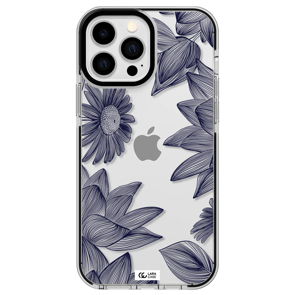 Blue Line Flower Apple iPhone 13 Pro Max impact black border Case