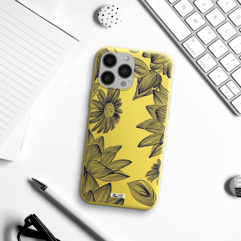 Blue Line Flower Apple iPhone 13 Pro Silicone canary yellow Case