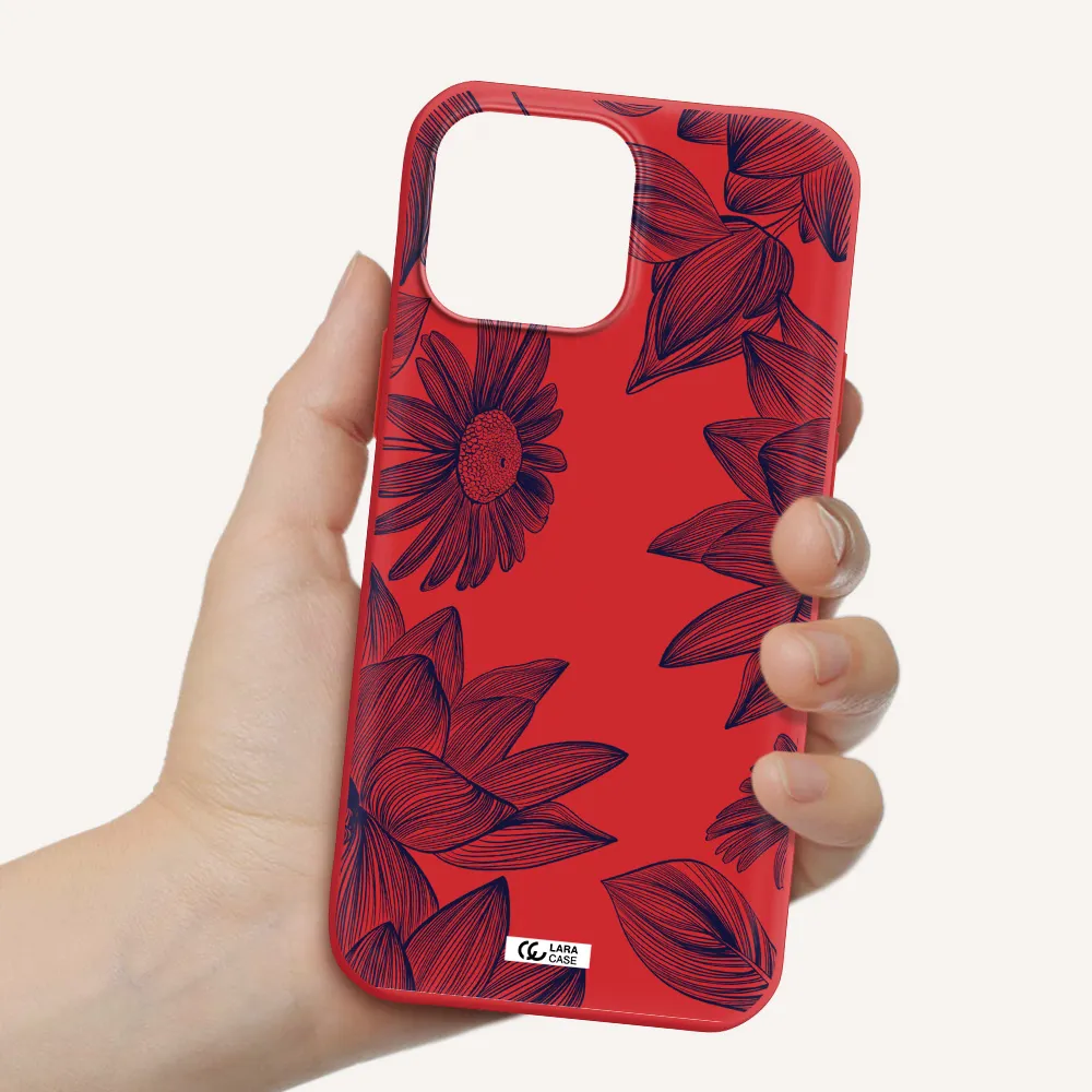 Blue Line Flower Apple iPhone 13 Pro Silicone Imperial Red Case