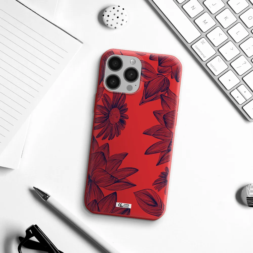 Blue Line Flower Apple iPhone 13 Pro Silicone Imperial Red Case