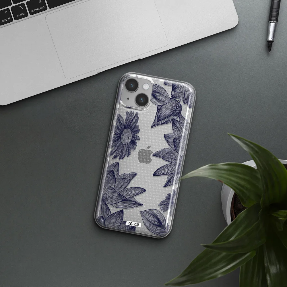 Blue Line Flower Apple iPhone 14 Clear TPU Case