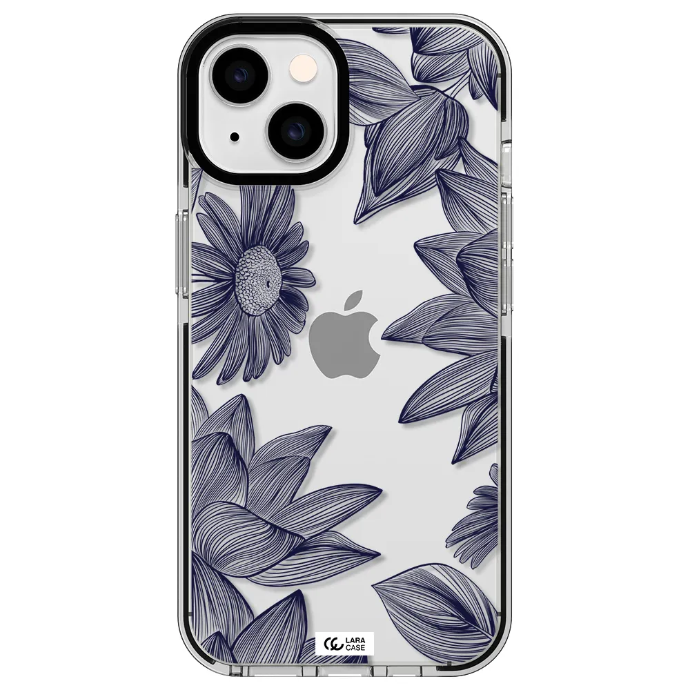 Blue Line Flower Apple iPhone 14 impact black border Case