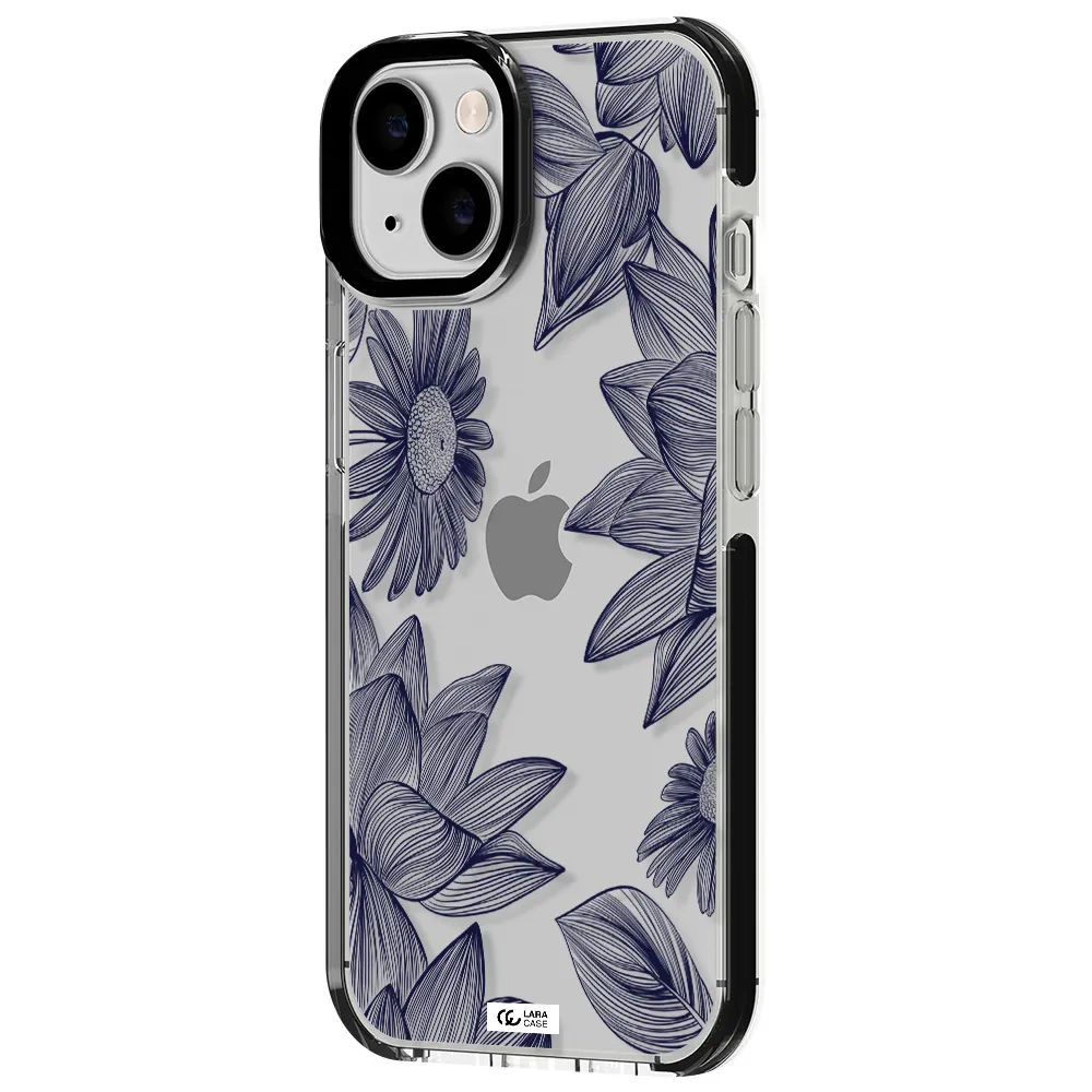 Blue Line Flower Apple iPhone 14 impact black border Case