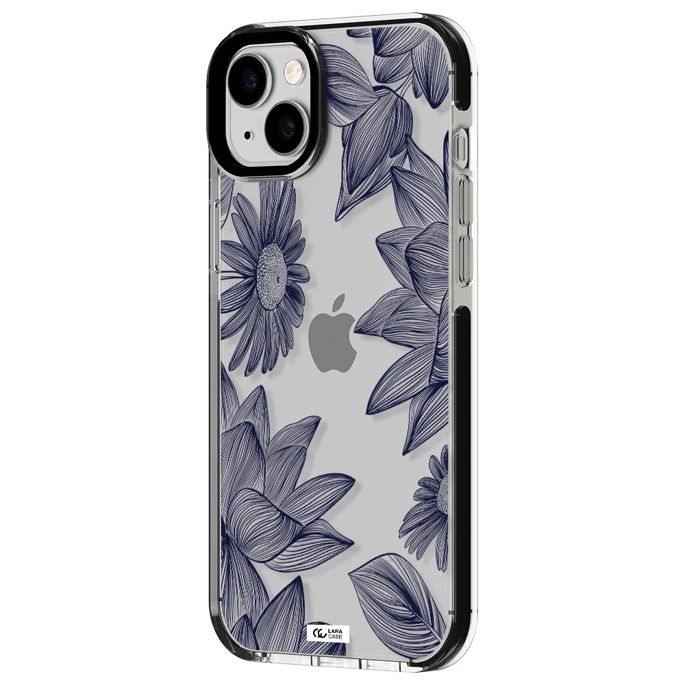 Blue Line Flower Apple iPhone 14 plus impact black border Case