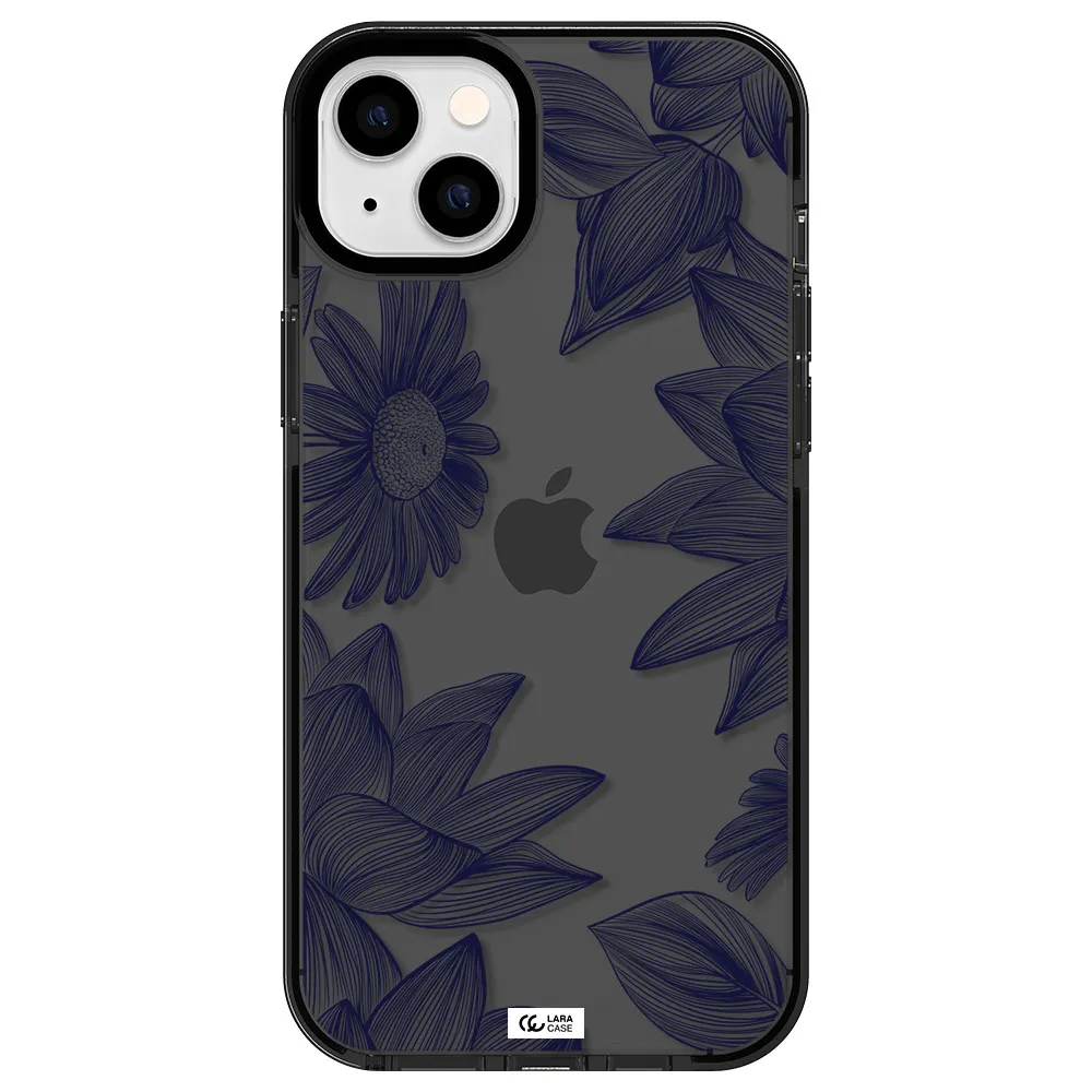 Blue Line Flower Apple iPhone 14 plus impact Smoke Black Case