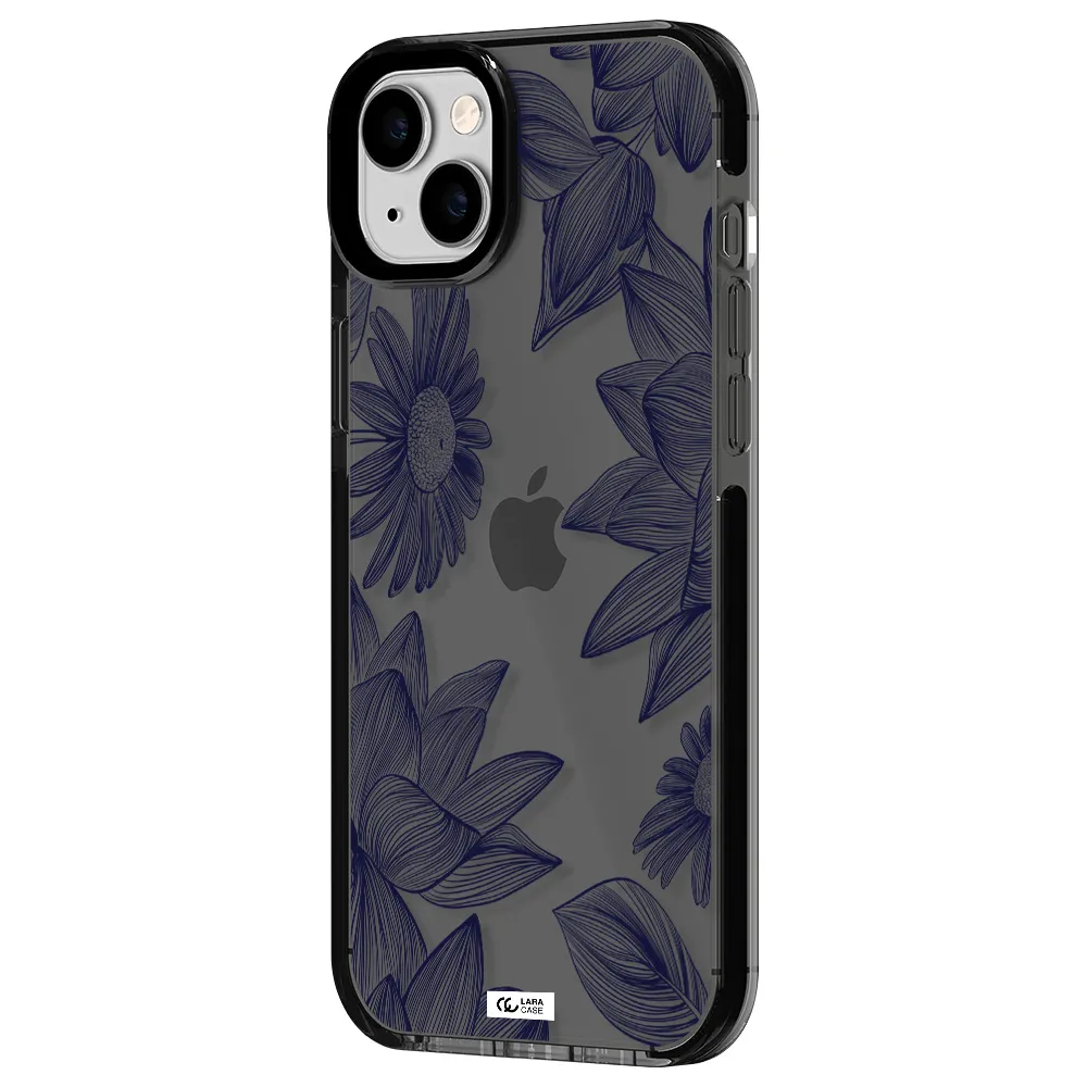 Blue Line Flower Apple iPhone 14 plus impact Smoke Black Case