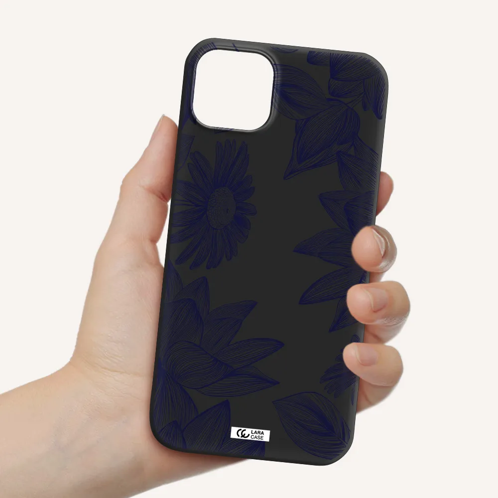 Blue Line Flower Apple iPhone 14 plus Silicone black Case