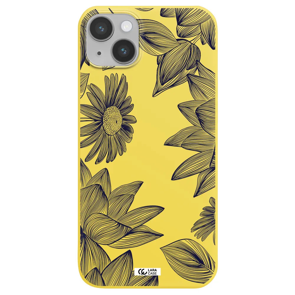 Blue Line Flower Apple iPhone 14 plus Silicone canary yellow Case
