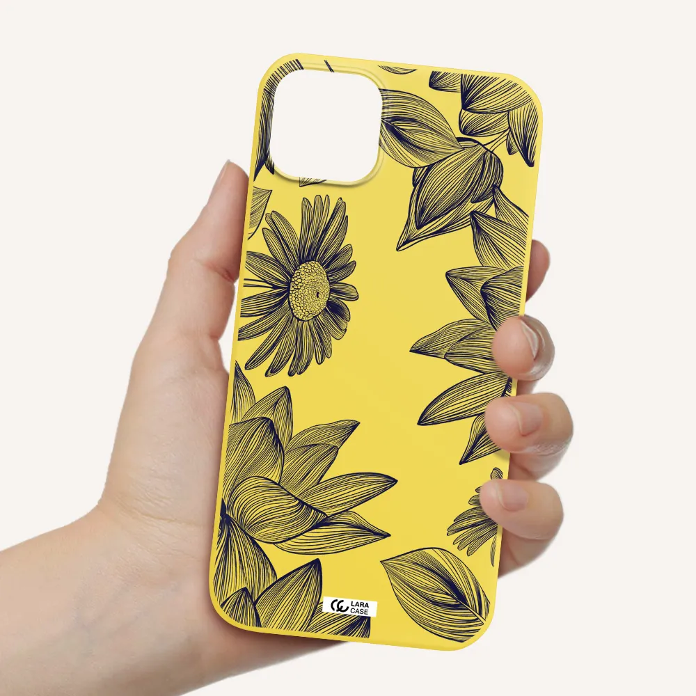 Blue Line Flower Apple iPhone 14 plus Silicone canary yellow Case