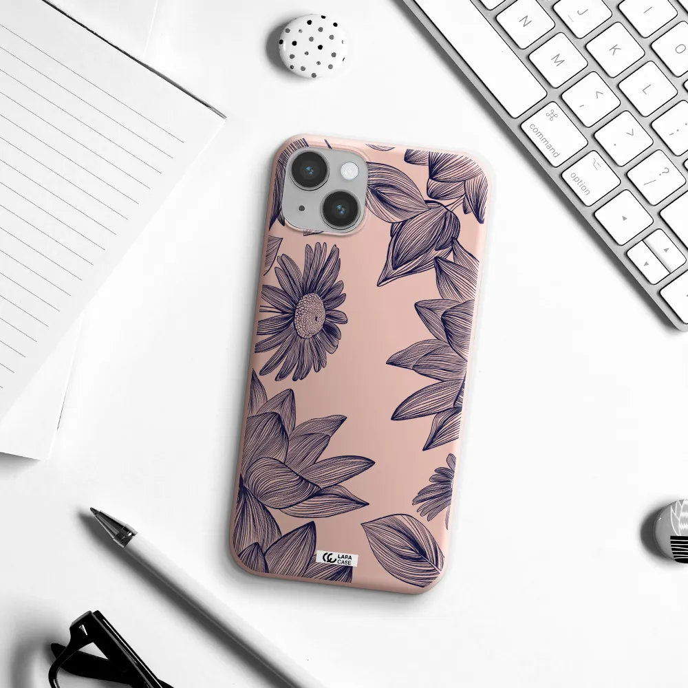 Blue Line Flower Apple iPhone 14 plus Silicone pastel pink Case