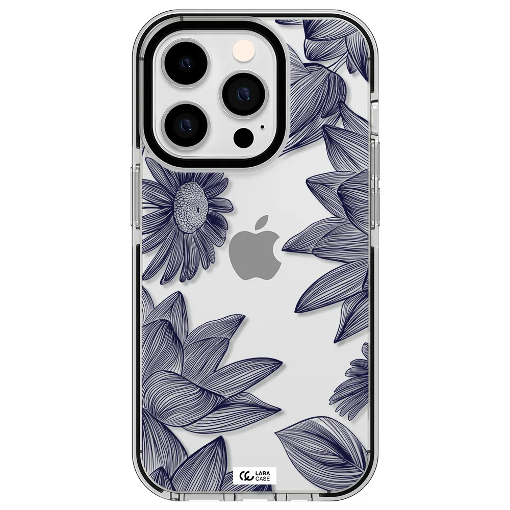 Blue Line Flower Apple iPhone 14 pro impact black border Case