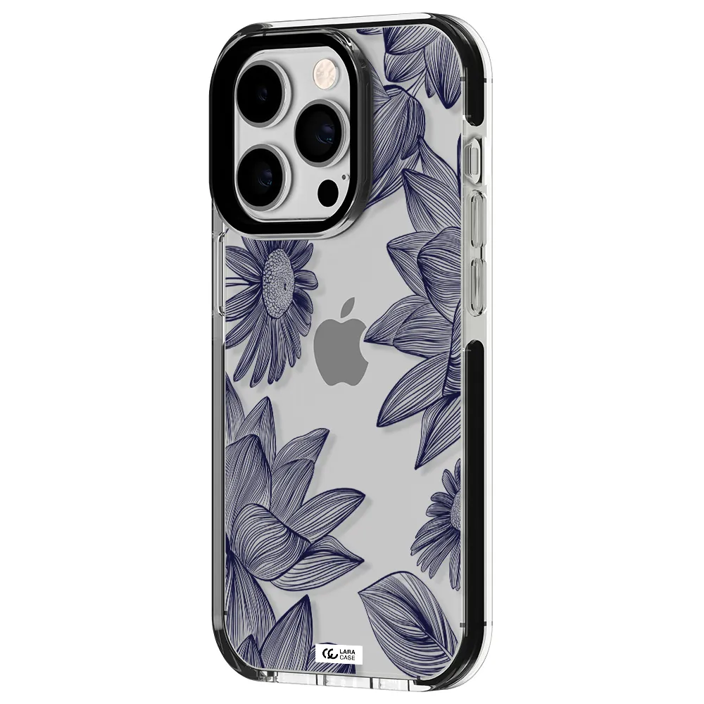 Blue Line Flower Apple iPhone 14 pro impact black border Case