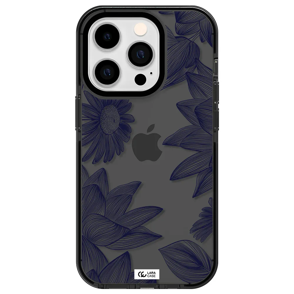 Blue Line Flower Apple iPhone 14 pro impact Smoke Black Case
