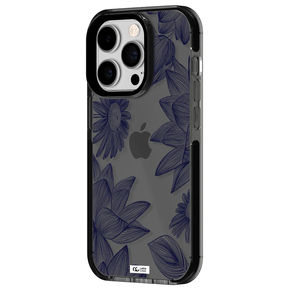 Blue Line Flower Apple iPhone 14 pro impact Smoke Black Case