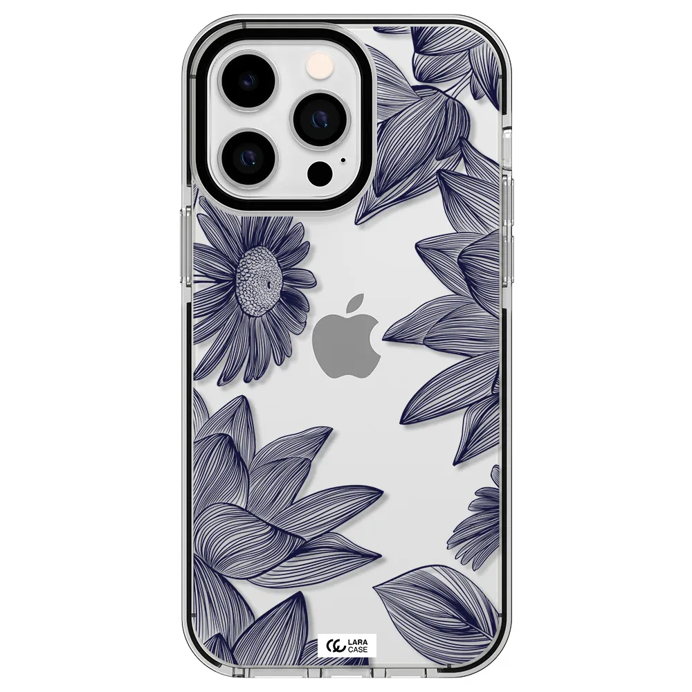 Blue Line Flower Apple iPhone 14 pro max impact black border Case