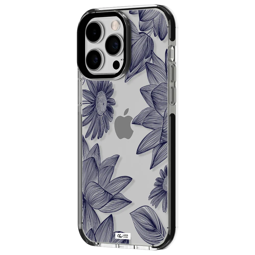 Blue Line Flower Apple iPhone 14 pro max impact black border Case