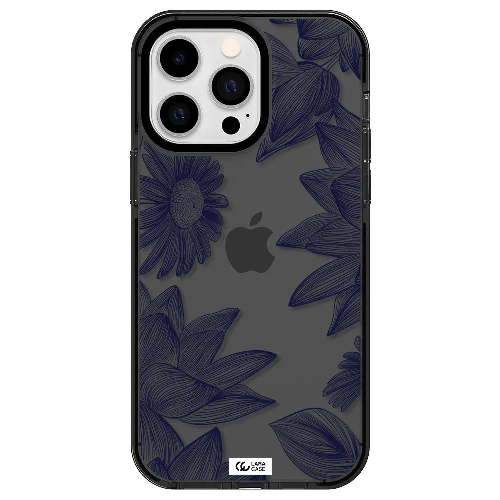 Blue Line Flower Apple iPhone 14 pro max impact Smoke Black Case