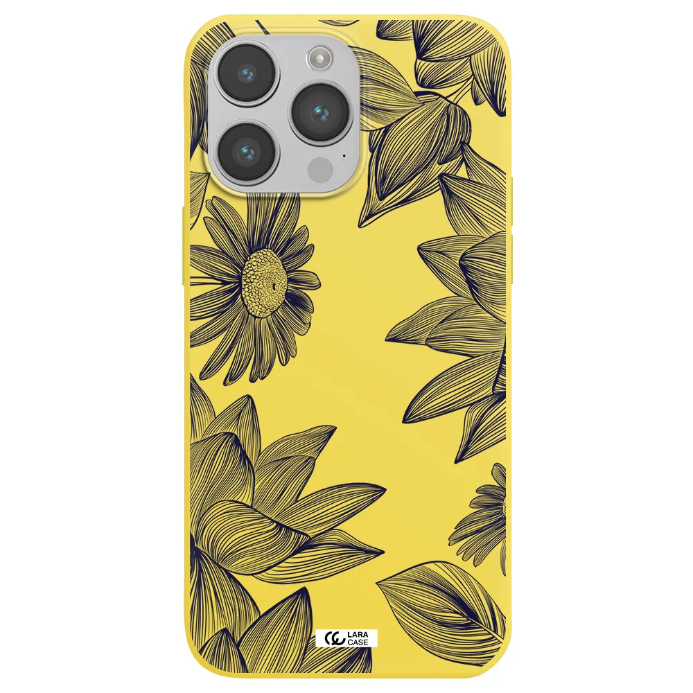 Blue Line Flower Apple iPhone 14 pro Silicone canary yellow Case