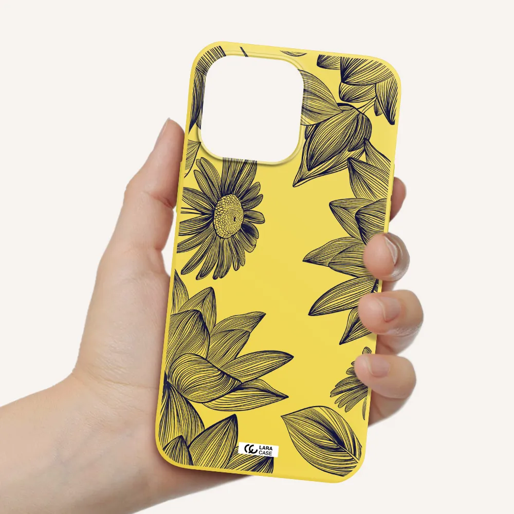 Blue Line Flower Apple iPhone 14 pro Silicone canary yellow Case