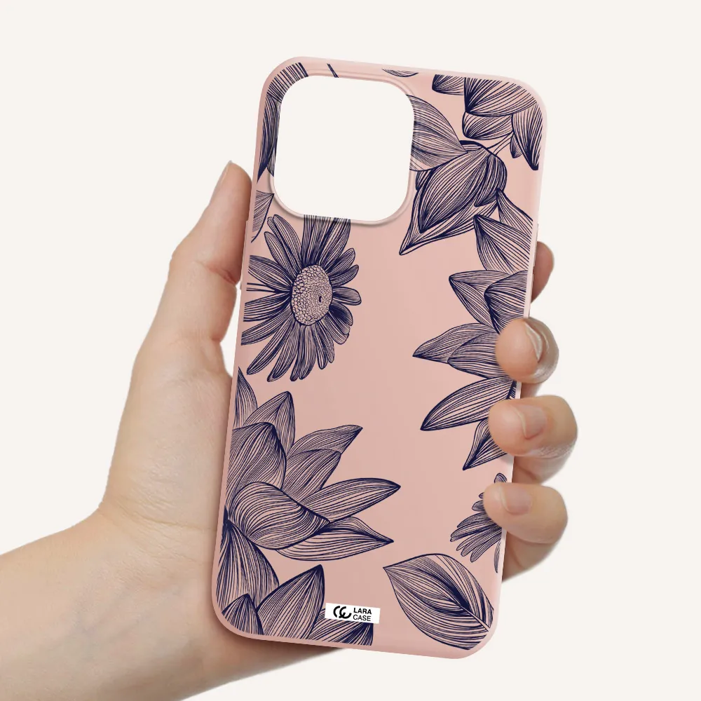 Blue Line Flower Apple iPhone 14 pro Silicone pastel pink Case