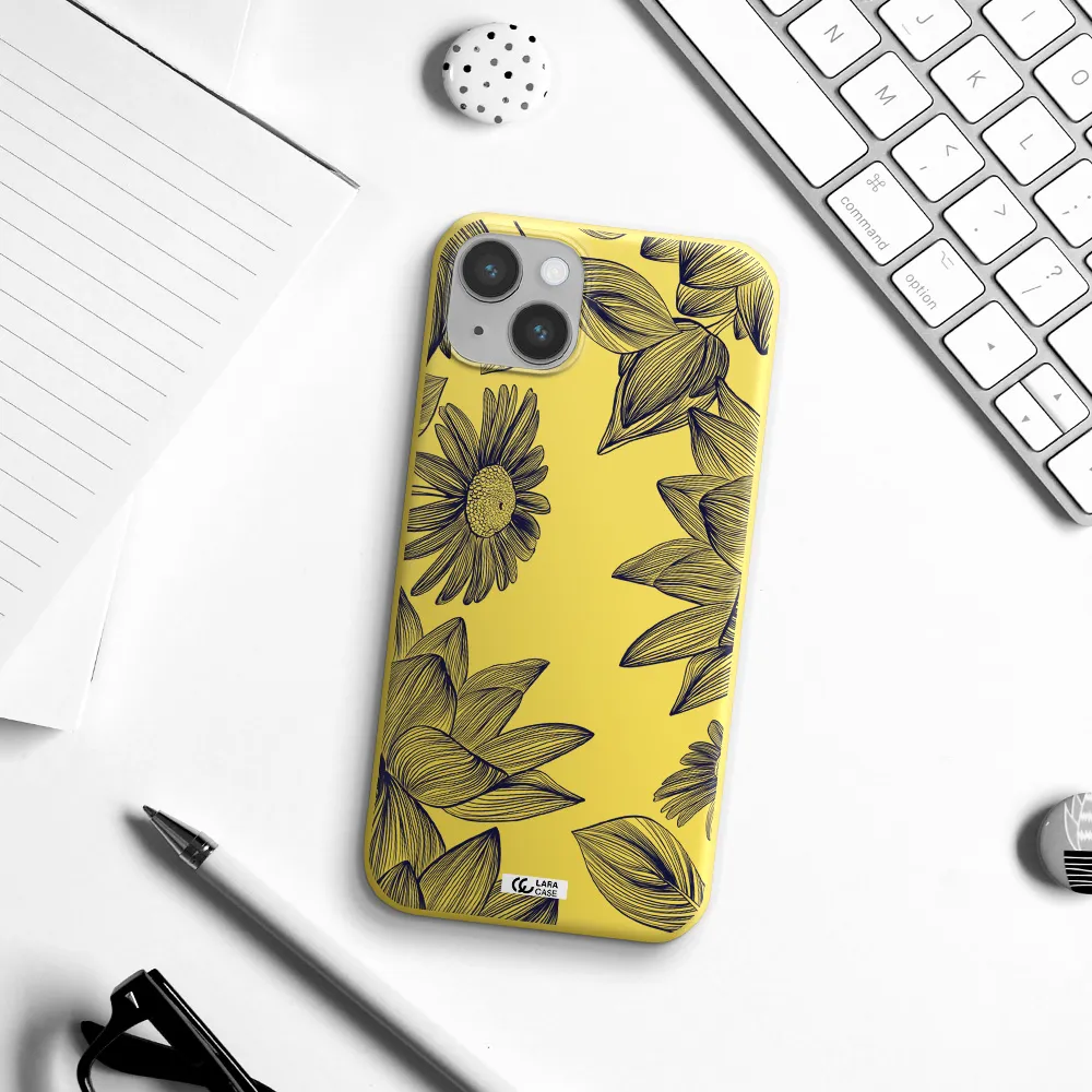 Blue Line Flower Apple iPhone 14 Silicone canary yellow Case