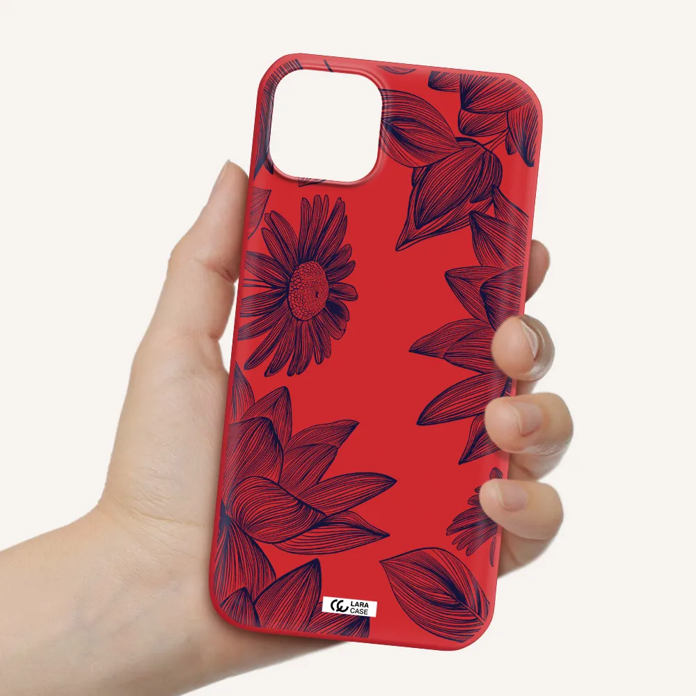 Blue Line Flower Apple iPhone 14 Silicone Imperial Red Case