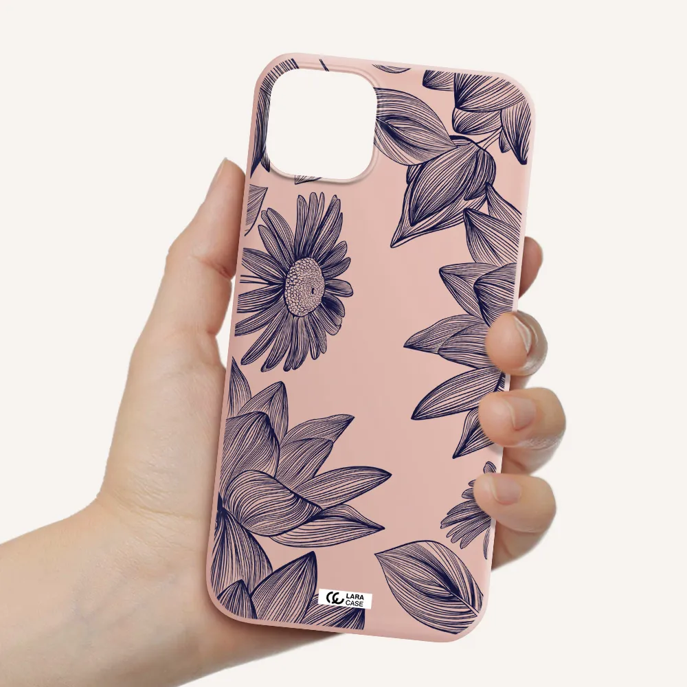 Blue Line Flower Apple iPhone 14 Silicone pastel pink Case