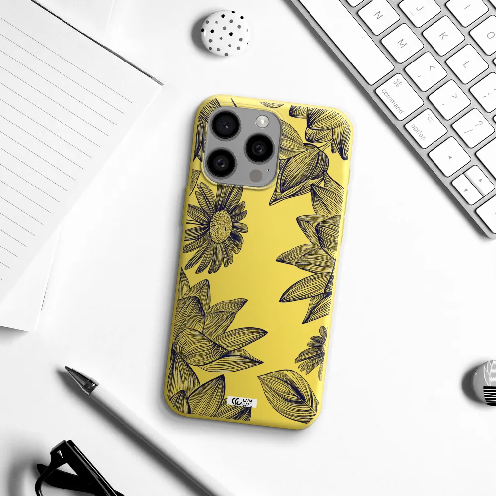 Blue Line Flower Apple Iphone 15 Pro max Silicone canary yellow Case