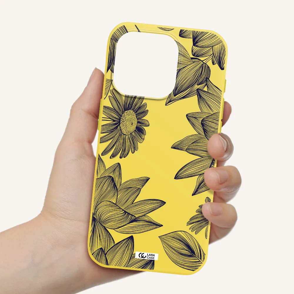 Blue Line Flower Apple Iphone 15 Pro Silicone Canary Yellow Case