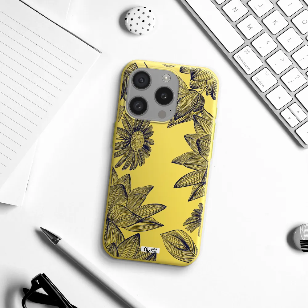 Blue Line Flower Apple Iphone 15 Pro Silicone Canary Yellow Case