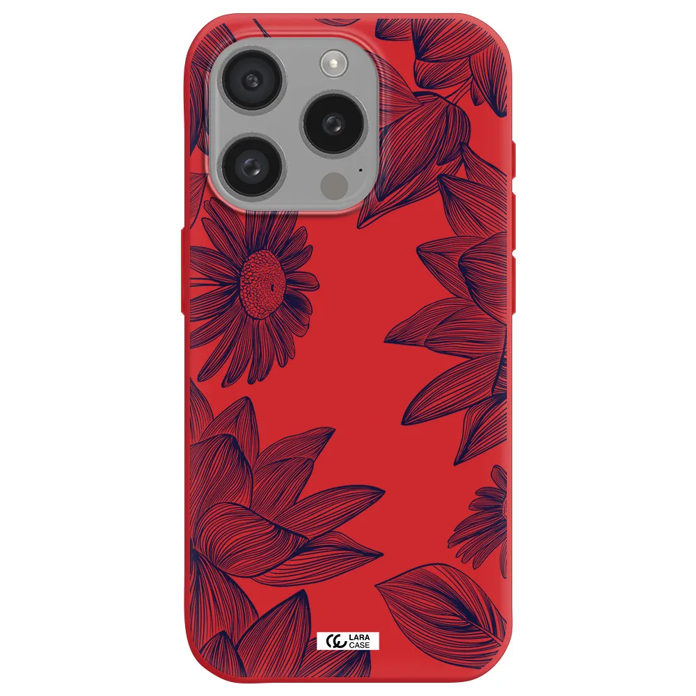 Blue Line Flower Apple Iphone 15 Pro Silicone Imperial Red Case