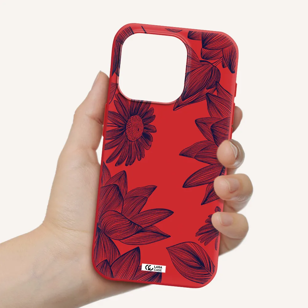 Blue Line Flower Apple Iphone 15 Pro Silicone Imperial Red Case