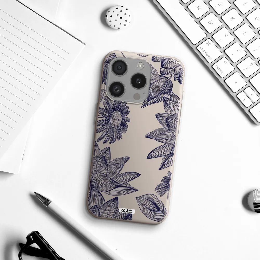 Blue Line Flower Apple Iphone 15 Pro Silicone Stone Case