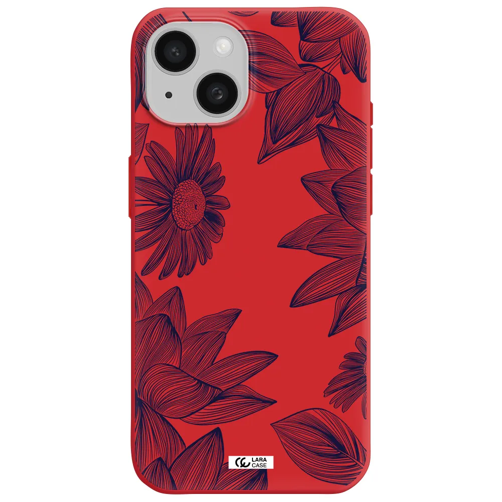 Blue Line Flower Apple Iphone 15 Silicone Imperial Red Case
