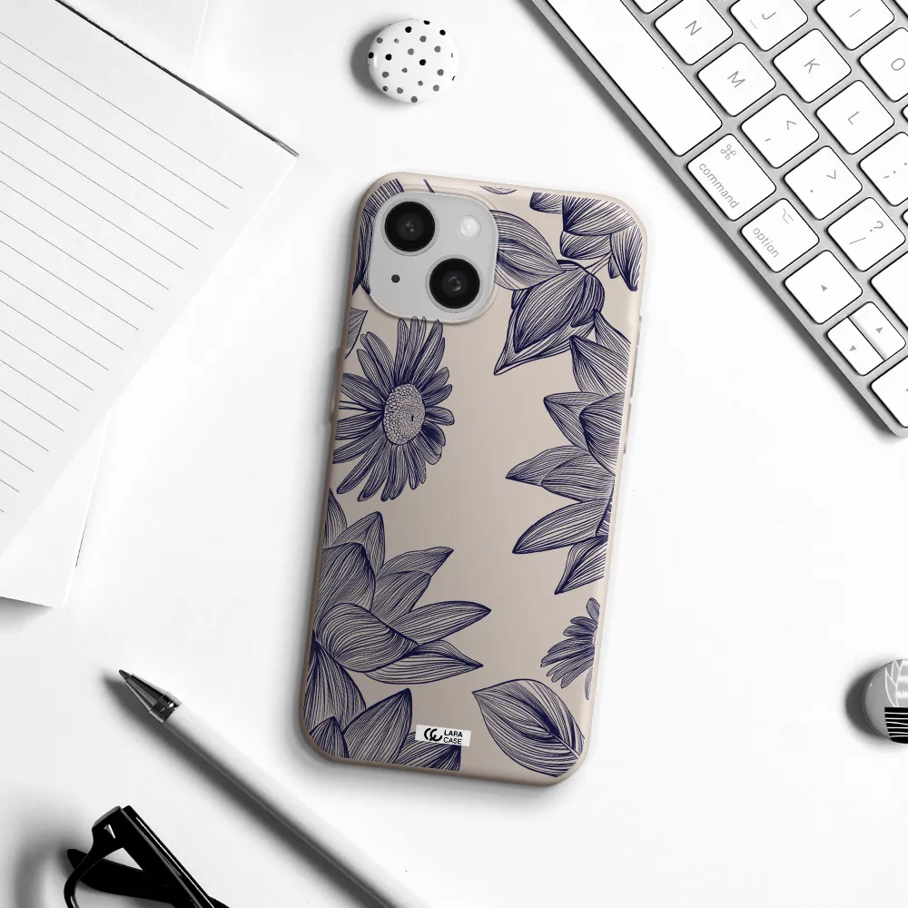 Blue Line Flower Apple iPhone 15 Silicone Stone Case