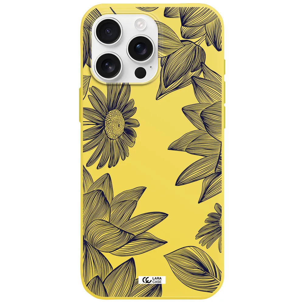 Blue Line Flower Apple Iphone 16 Pro Max Silicone Canary Yellow Case