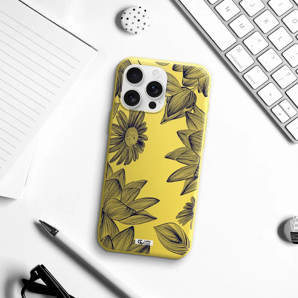 Blue Line Flower Apple Iphone 16 Pro Max Silicone Canary Yellow Case