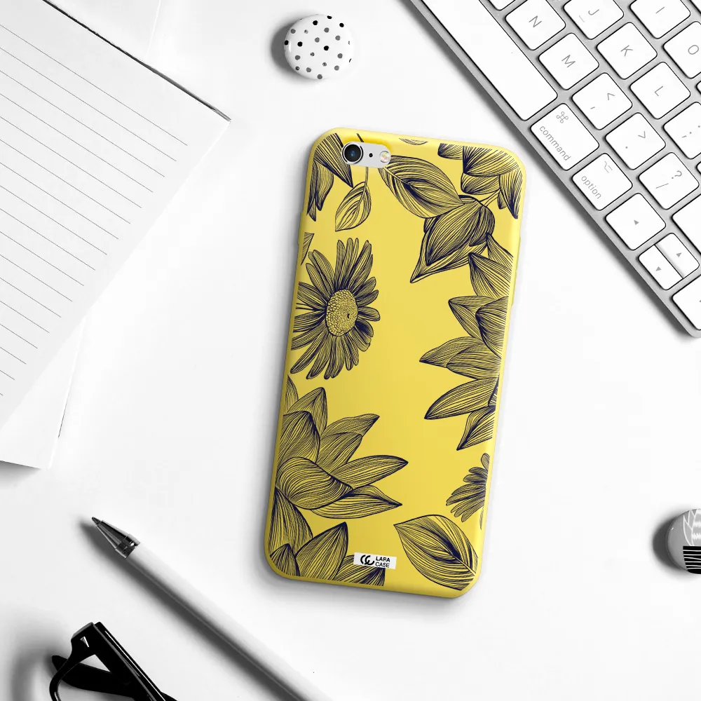 Blue Line Flower Apple iPhone 6 plus Silicone canary yellow Case