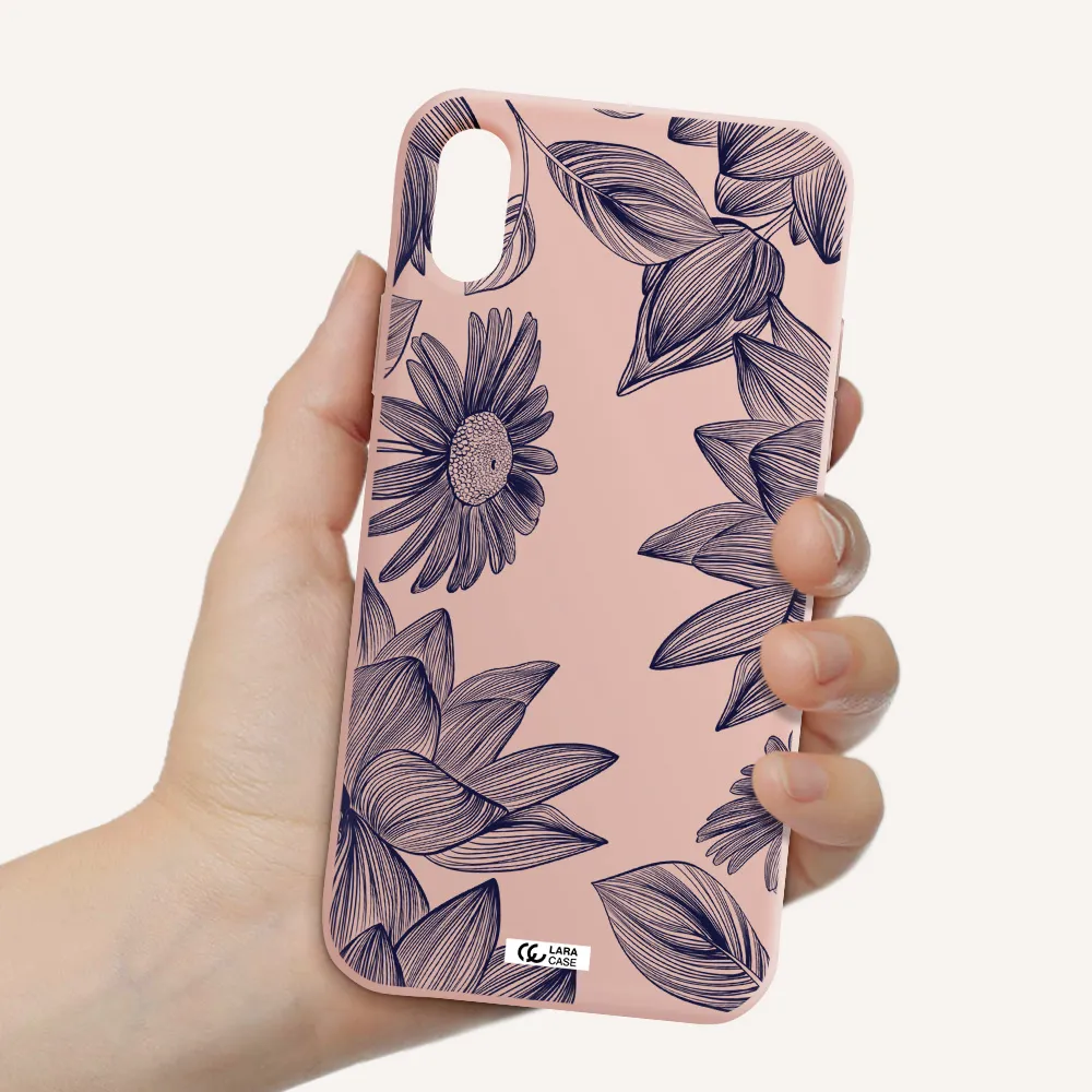 Blue Line Flower Apple iPhone X Silicone pastel pink Case