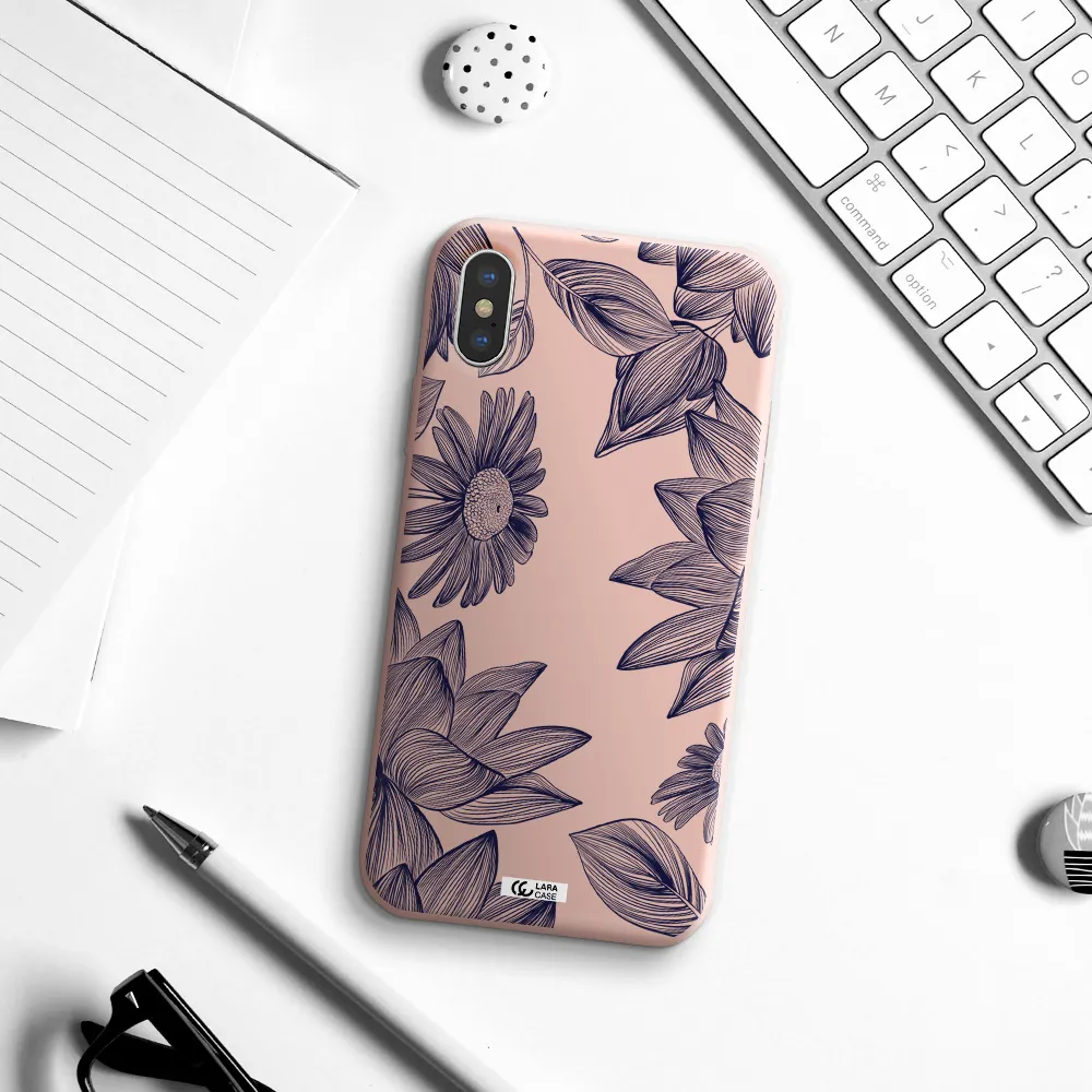 Blue Line Flower Apple iPhone X Silicone pastel pink Case